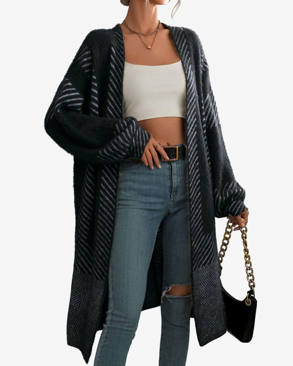 Chouyatou Women's Color Block Striped Fuzzy Long Cardigan Sweaters Open Front Diagonal Stripe Knit Cardigan Jacket Coat