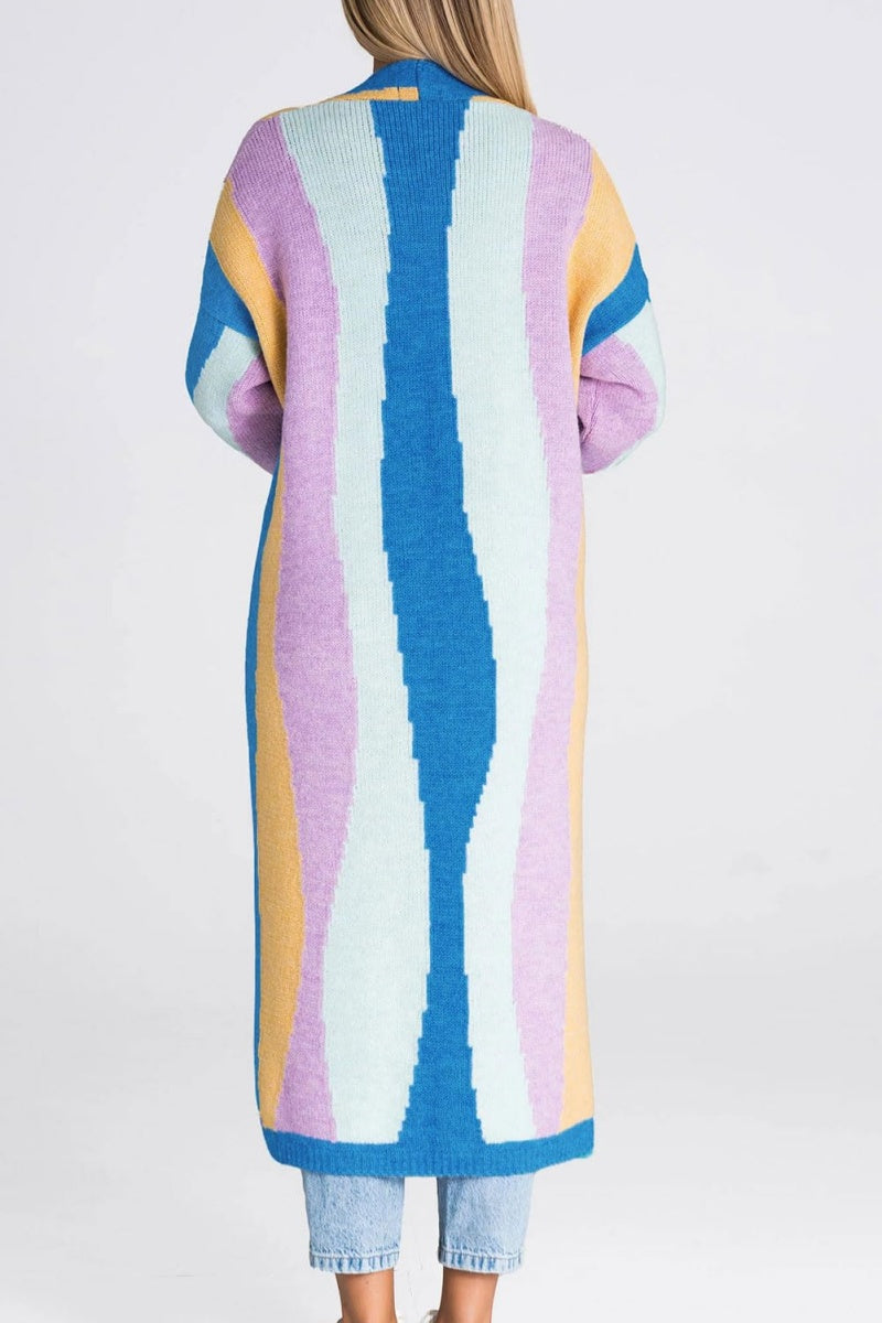 Chouyatou Women's Fall Open Front Color Block Long Cardigan Sweater Coat Casual Vertical Striped Coatigan