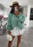 Chouyatou Women's Cute Bow Knot Cardigan Fall Casual Oversized Ribbed Knit Sweater Cardigan Tops