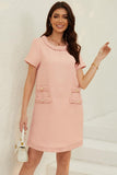 Chouyatou Women's Short Sleeve Crew Neck Tweed Dress A-line Button Part Elegant Mini Dresses