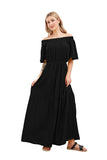 Chouyatou Women's Summer Off Shoulder Ruffle Cotton Dress Short Sleeve Mid Rise Beach Boho Long Maxi Dress
