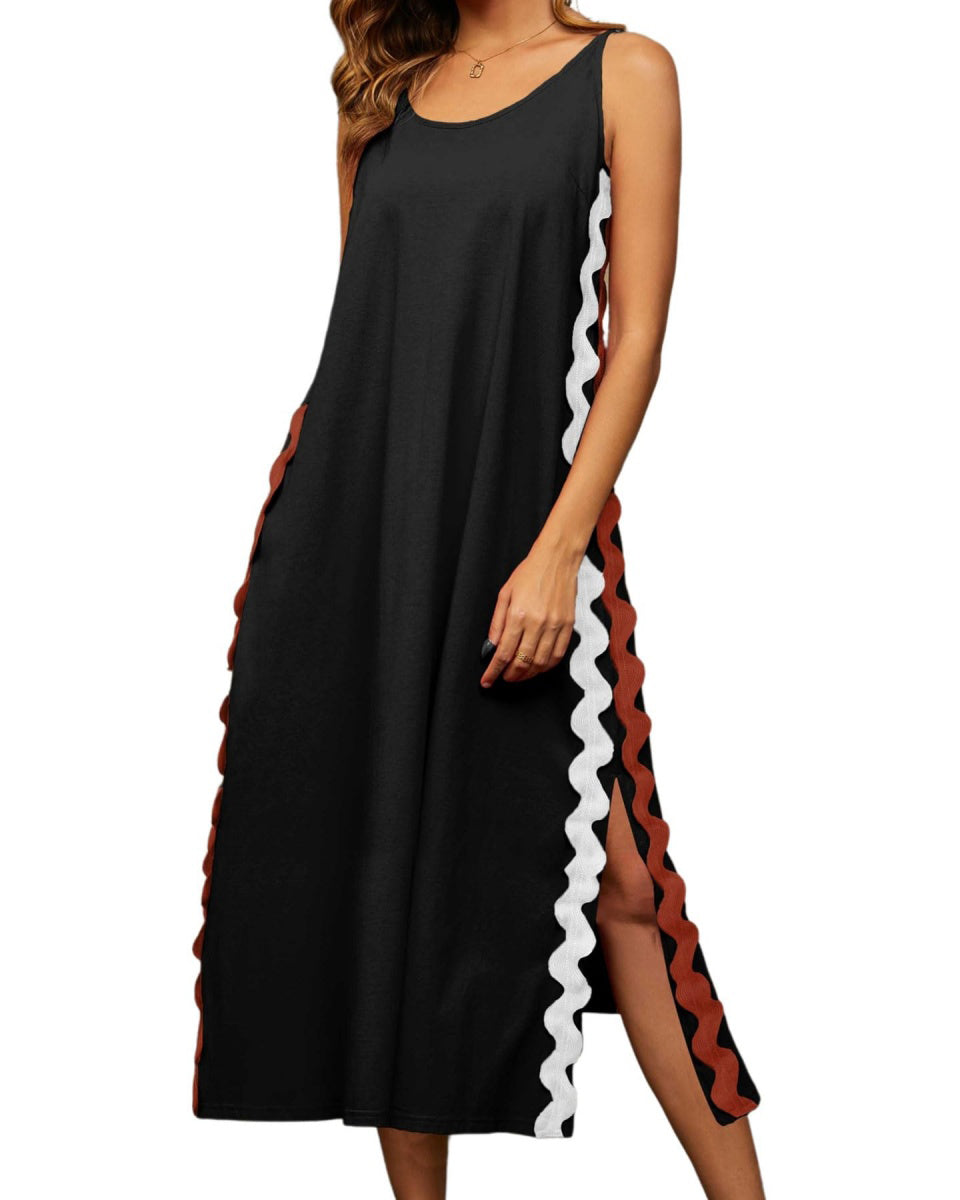 Chouyatou Women's Summer Casual RIC Rac Spaghetti Strap Long Dress Boho Split Sleeveless Beach Sundress