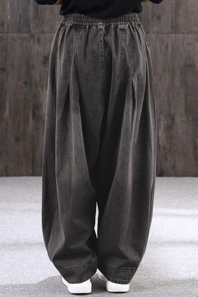 Chouyatou Women's Denim Harem Pants Elastic Waist Pleated Wide Leg Baggy Jeans
