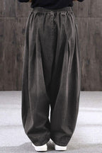 Chouyatou Women's Denim Harem Pants Elastic Waist Pleated Wide Leg Baggy Jeans