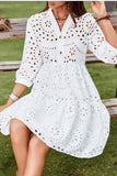 Chouyatou Women's 2025 Eyelet Lace Midi Dress V Neck Puff 3/4 Sleeve Button Tiered Sexy A Line Sun Dress