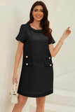 Chouyatou Women's Short Sleeve Crew Neck Tweed Dress A-line Button Part Elegant Mini Dresses