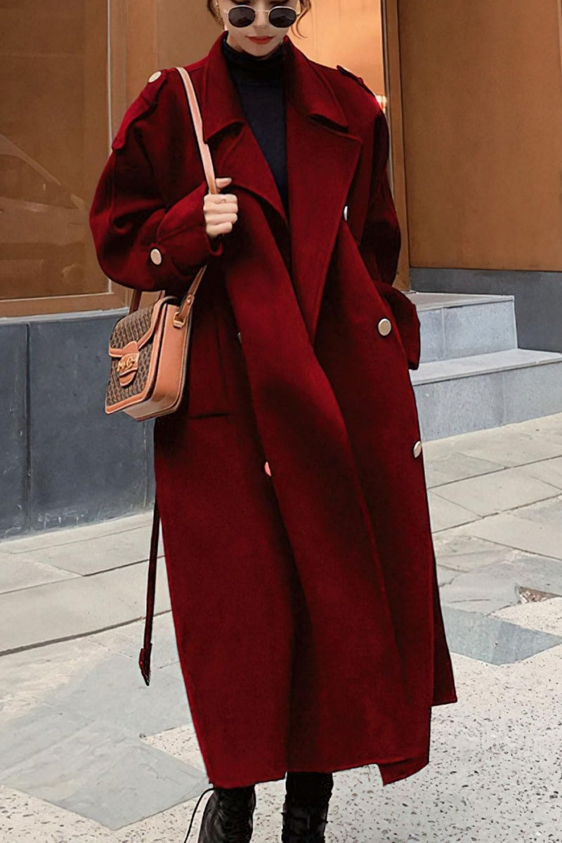 Chouyatou chouyatou Women's Winter Double Breasted Midi Long Wool Pea Coat Notch Lapel Winter Trench Coat