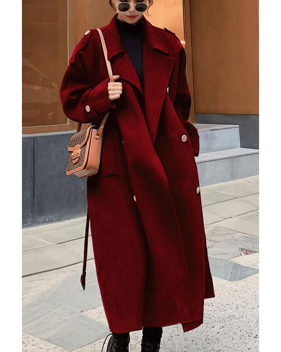 Chouyatou chouyatou Women's Winter Double Breasted Midi Long Wool Pea Coat Notch Lapel Winter Trench Coat