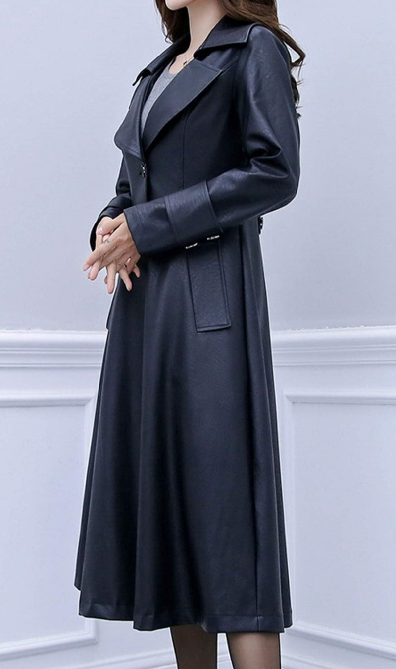 Chouyatou Women's Elegant Lapel Collar 2 Button Fit-Flare Pu Leather Long Trench Coat