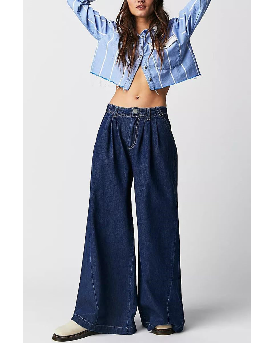 Chouyatou Women's Boyfriend Denim Cargo Pants Y2K Baggy Wide Leg Casual Dressy Jeans Culottes