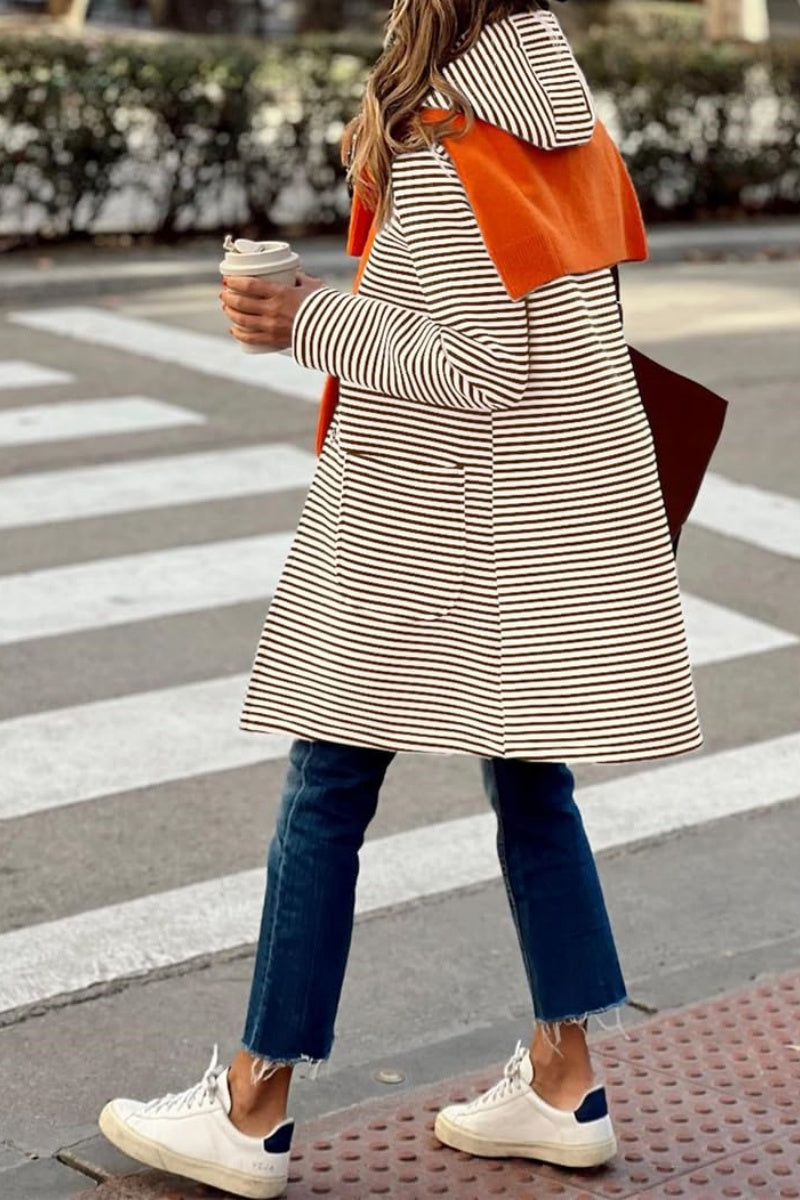 Chouyatou Women's Color Block Striped Hooded Cardigan Sweaters Button Down Long Coatigan Jackets with Pockets