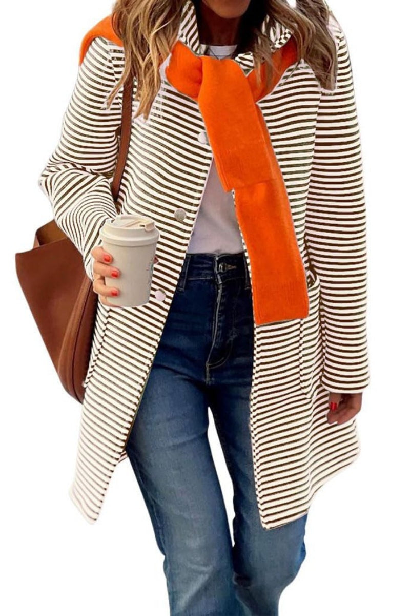 Chouyatou Women's Color Block Striped Hooded Cardigan Sweaters Button Down Long Coatigan Jackets with Pockets