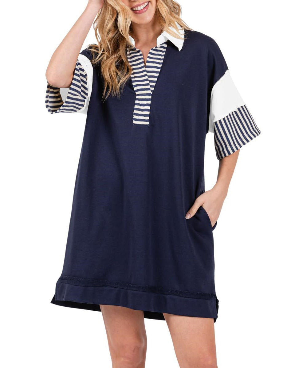 Chouyatou Women's Summer V-Neck Polo Collared Mini Dress Loose Casual Striped Splicing T-Shirt Dress