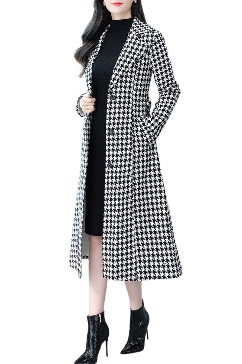 Chouyatou Women's Houndstooth Trench Coat Winter Single Breasted Quilt-Lined Long Coat