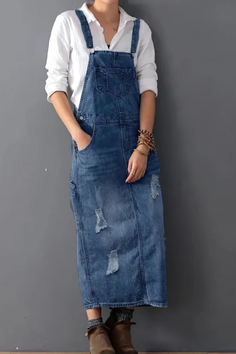 Chouyatou Women's Adjustable Strap Distressed Denim Overall Dress A-Li CHOUYATOU Chouyatou Women's Adjustable Strap Distressed Denim Overall Dress A-Li CHOUYATOU