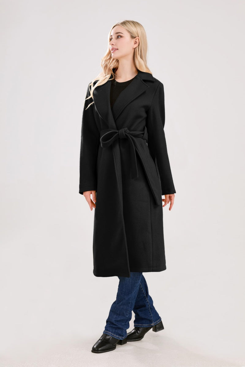 Chouyatou Womens Long Wool Pea Coats Notched Collar Open Front Woolen Blend Trench Coat with Belt