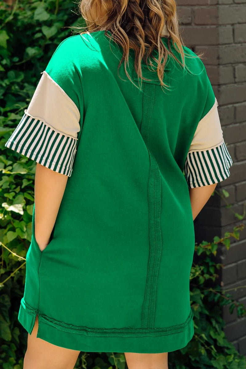 Chouyatou Women's Summer V-Neck Polo Collared Mini Dress Loose Casual Striped Splicing T-Shirt Dress