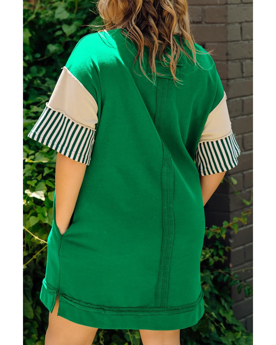 Chouyatou Women's Summer V-Neck Polo Collared Mini Dress Loose Casual Striped Splicing T-Shirt Dress
