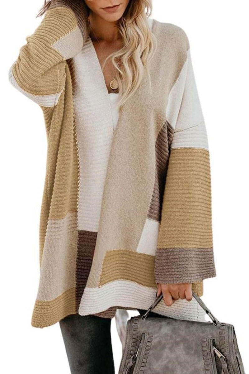 Chouyatou Women's Fall Geometric Color Block Open Front Cardigan Sweater Elegant Casual Oversized Coatigan Coat