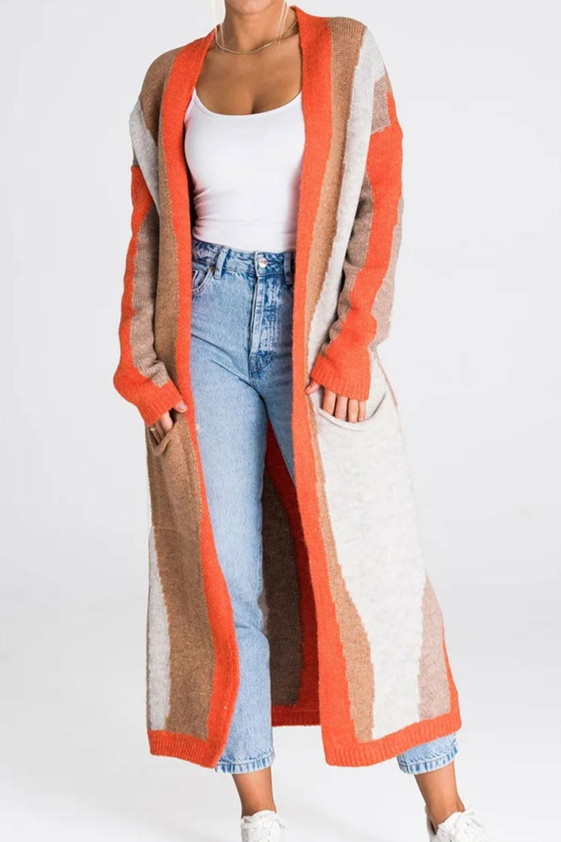 Chouyatou Women's Fall Open Front Color Block Long Cardigan Sweater Coat Casual Vertical Striped Coatigan