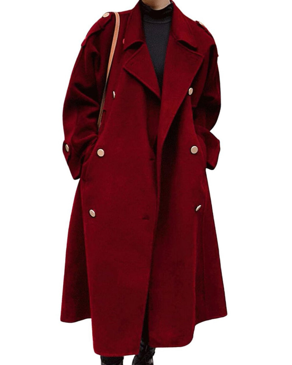Chouyatou chouyatou Women's Winter Double Breasted Midi Long Wool Pea Coat Notch Lapel Winter Trench Coat