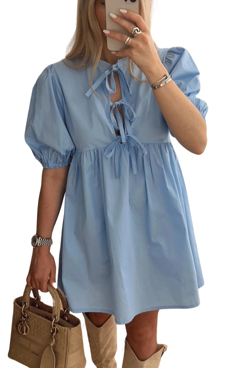 Chouyatou Women's Cute Bow Tie Front Mini Dress Babydoll Puff Short Sleeve Dresses Ruffle Y2k Peplum Sundress
