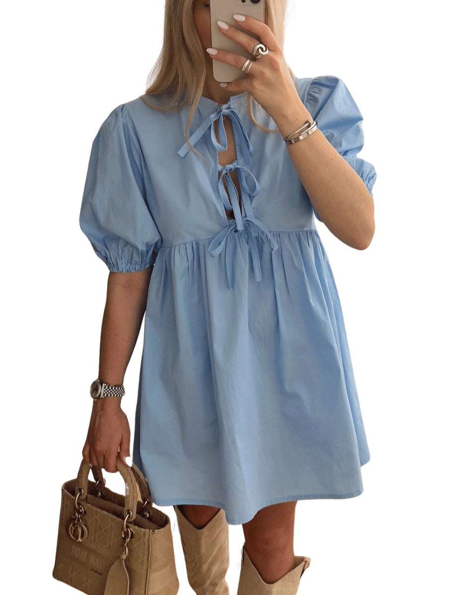 Chouyatou Women's Cute Bow Tie Front Mini Dress Babydoll Puff Short Sleeve Dresses Ruffle Y2k Peplum Sundress