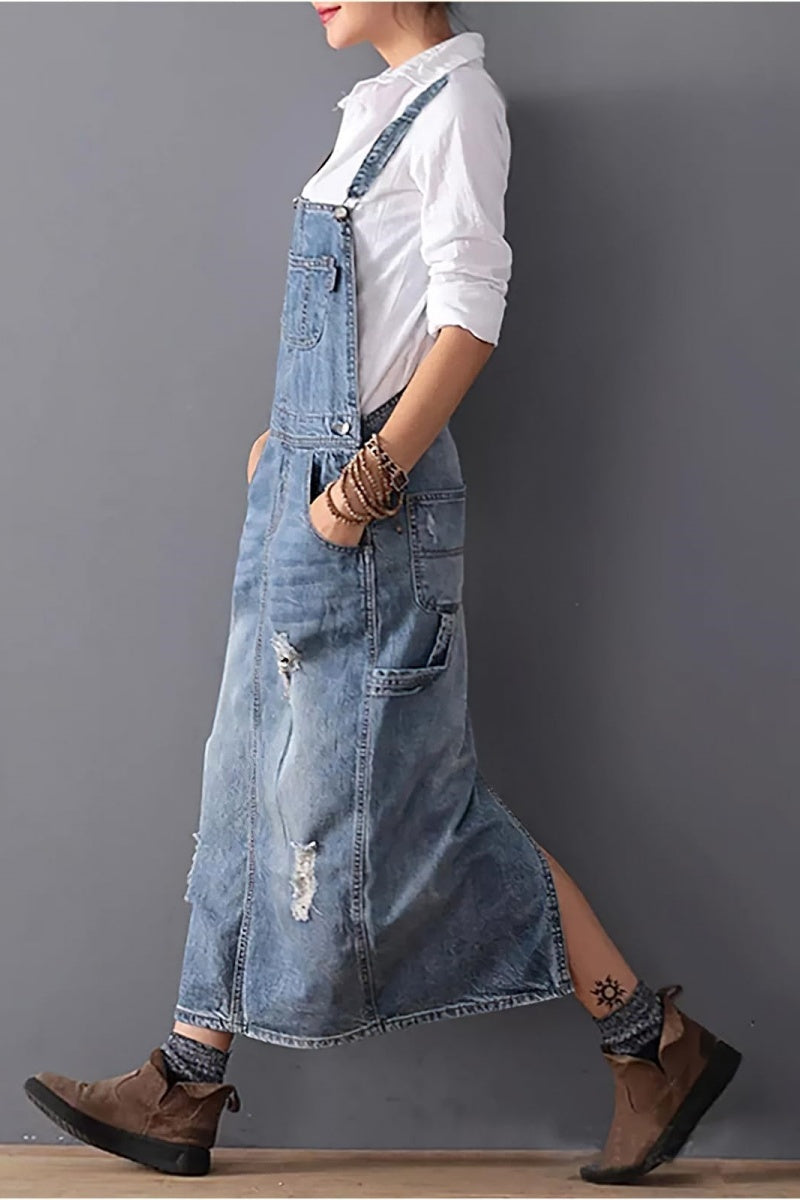 Chouyatou Women's Adjustable Strap Distressed Denim Overall Dress A-Li – CHOUYATOU