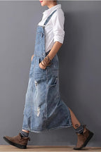 Chouyatou Women's Adjustable Strap Distressed Denim Overall Dress A-Line Pinafore Jean Dress with Split