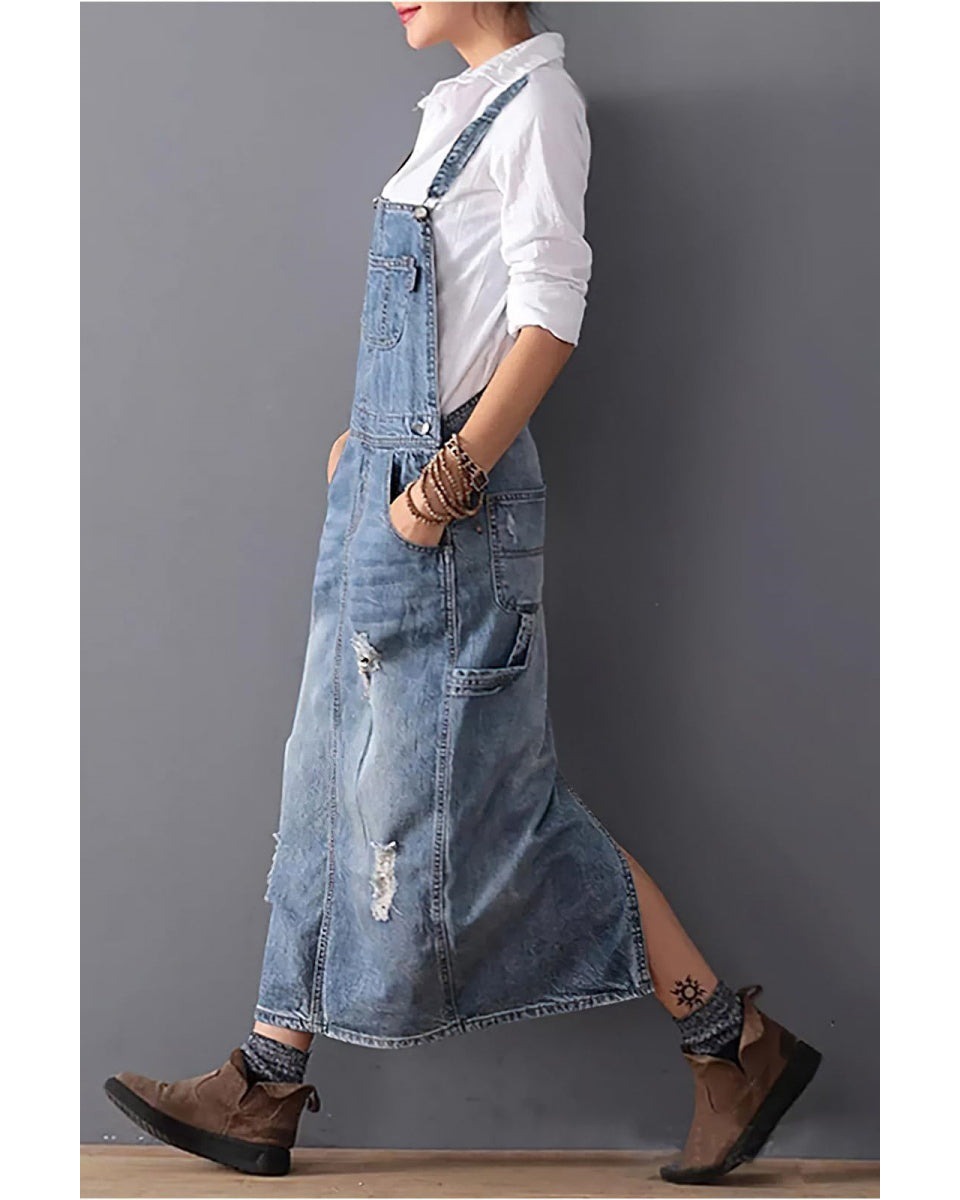 Chouyatou Women's Adjustable Strap Distressed Denim Overall Dress A-Line Pinafore Jean Dress with Split
