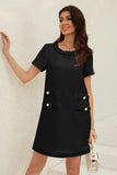Chouyatou Women's Short Sleeve Crew Neck Tweed Dress A-line Button Part Elegant Mini Dresses
