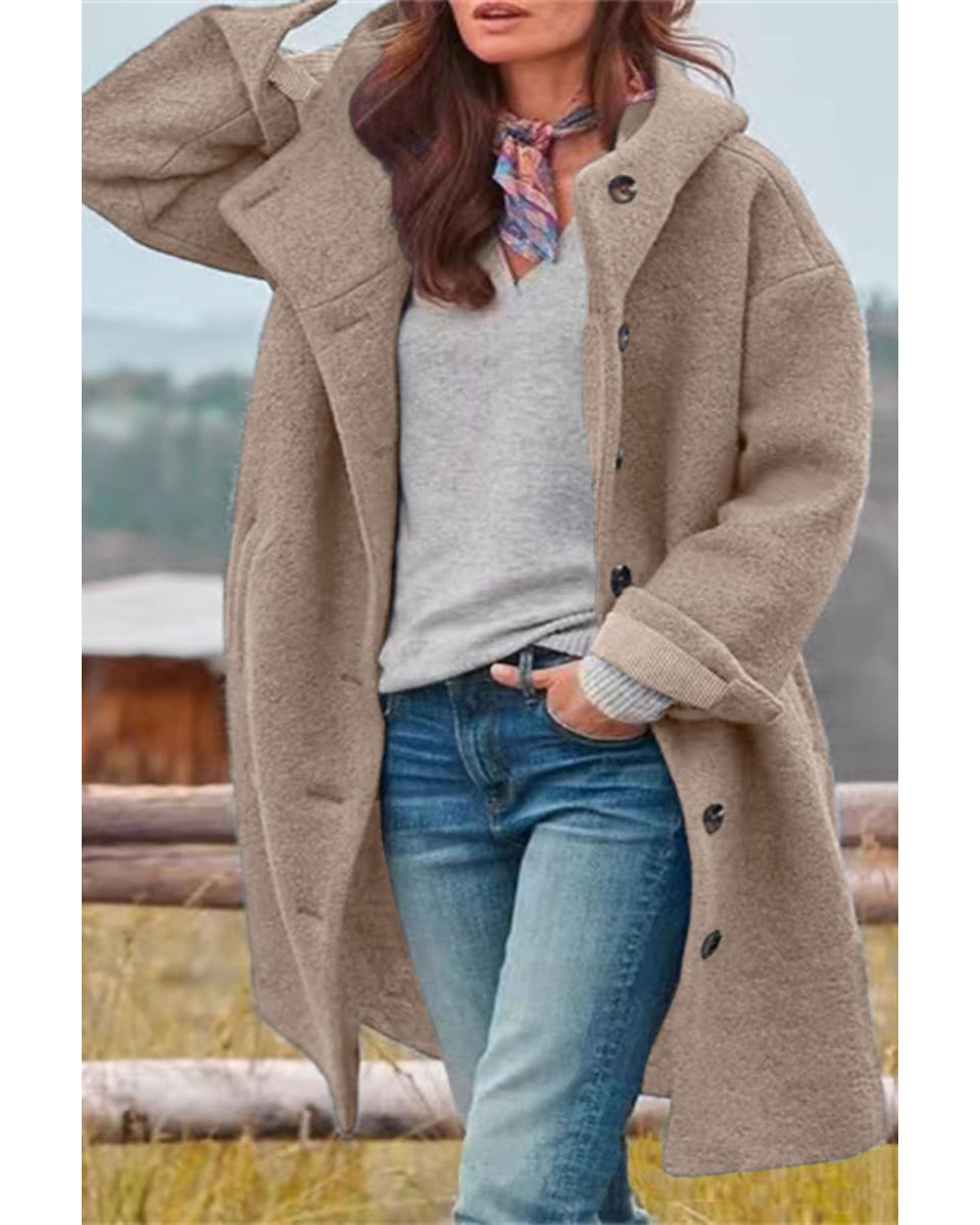 Chouyatou Women's Winter Single Breasted Long Wool Coat with Hood Casual Wool Blend Trench Coat Jacket