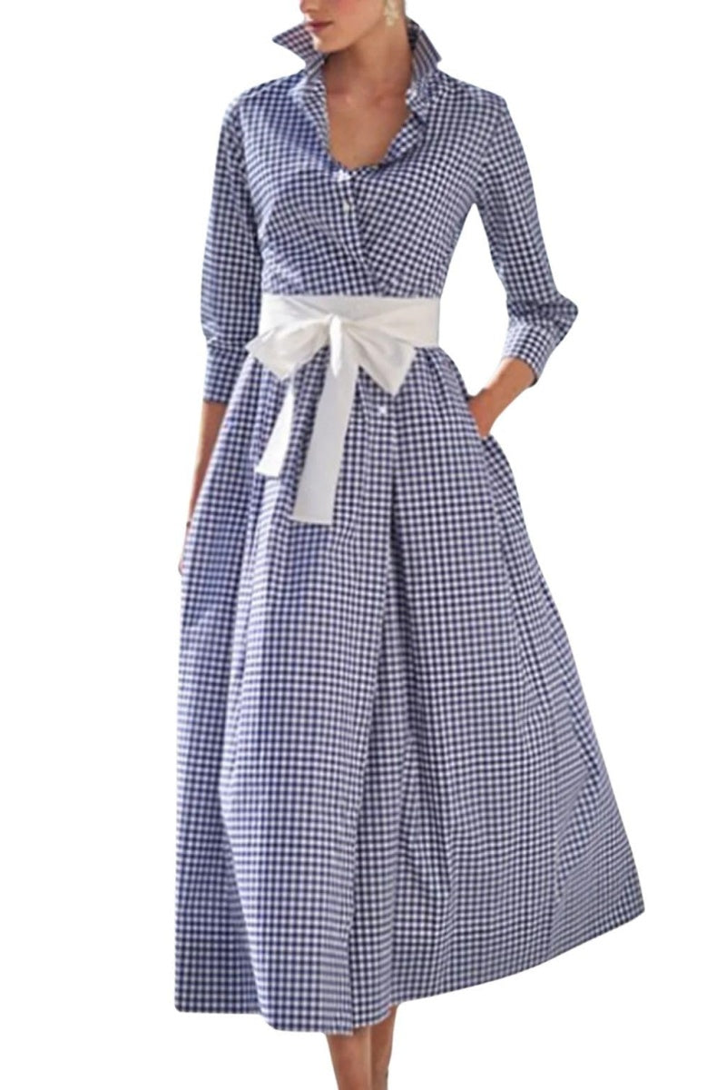 Chouyatou Women's Retro Plaid Button Up Maxi Shirt Dress 3/4 Sleeve Gingham Pocketed Long Dress with Belt