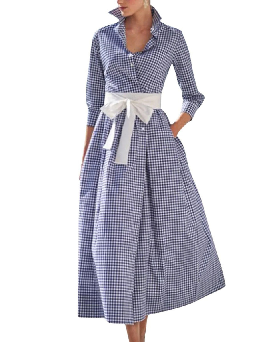 Chouyatou Women's Retro Plaid Button Up Maxi Shirt Dress 3/4 Sleeve Gingham Pocketed Long Dress with Belt