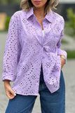 Chouyatou Women's Crochet Eyelet Button Down Rolled Up Long Sleeve Boho Shirt Blouse Tops