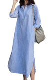Chouyatou Women Casual Long Sleeve V Neck Striped Shift Dress Loose Long Maxi Cotton Shirt Dress with Pocket