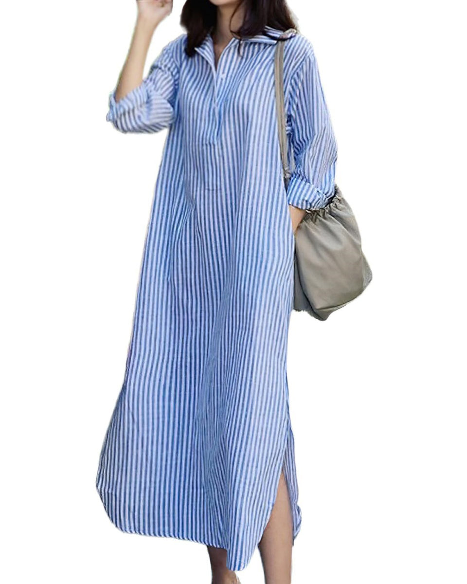 Chouyatou Women Casual Long Sleeve V Neck Striped Shift Dress Loose Long Maxi Cotton Shirt Dress with Pocket