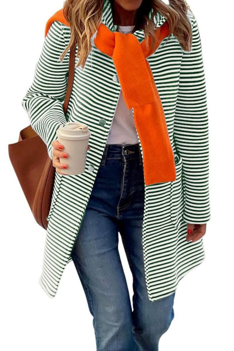 Chouyatou Women's Color Block Striped Hooded Cardigan Sweaters Button Down Long Coatigan Jackets with Pockets