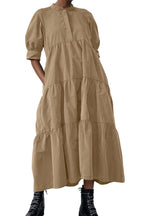 Chouyatou Women's Summer Puff Sleeve Maxi Tiered Babydoll Dress Casual A-Line Swing Long Shirt Dress