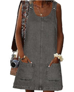 Chouyatou Women's Vintage Distressed Sleeveless Baggy Loose Denim Mini Dress with Pocket