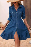 Chouyatou Women's Flowy Denim Dress 2025 Vacation Lapel Long Puff Sleeve Button Down A Line Swing Ruffle Jean Dress