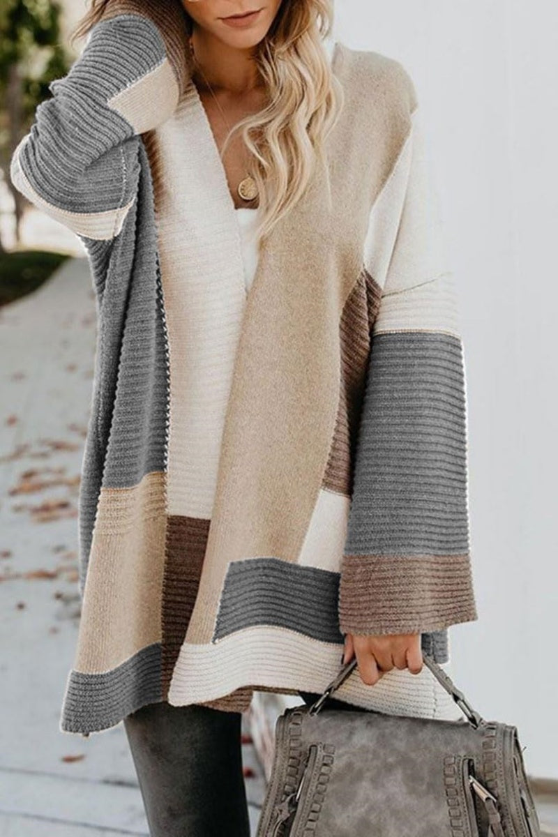 Chouyatou Women's Fall Geometric Color Block Open Front Cardigan Sweater Elegant Casual Oversized Coatigan Coat