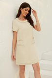 Chouyatou Women's Short Sleeve Crew Neck Tweed Dress A-line Button Part Elegant Mini Dresses