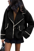 Chouyatou Women's Winter Casual Embroidered Sherpa Jacket Notch Lapel Fuzzy Faux Fur Fleece Jacket Coat