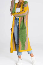 Chouyatou Women's Fall Open Front Color Block Long Cardigan Sweater Coat Casual Vertical Striped Coatigan