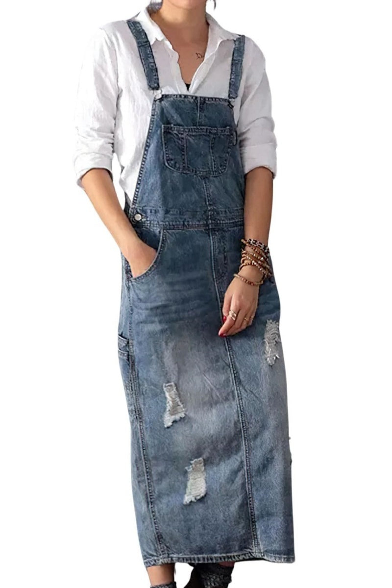 Chouyatou Women's Adjustable Strap Distressed Denim Overall Dress A-Li CHOUYATOU Chouyatou Women's Adjustable Strap Distressed Denim Overall Dress A-Li CHOUYATOU