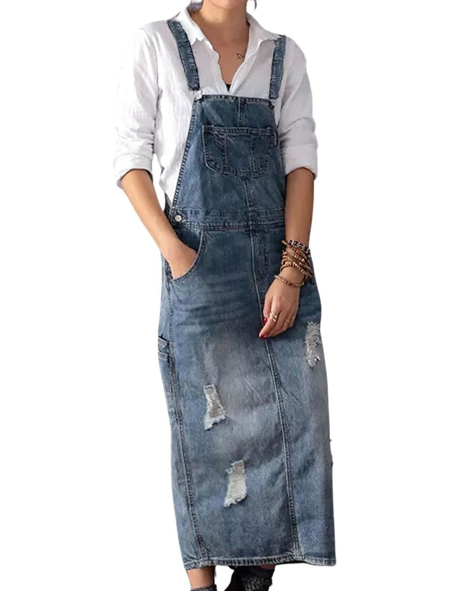 Chouyatou Women's Adjustable Strap Distressed Denim Overall Dress A-Line Pinafore Jean Dress with Split