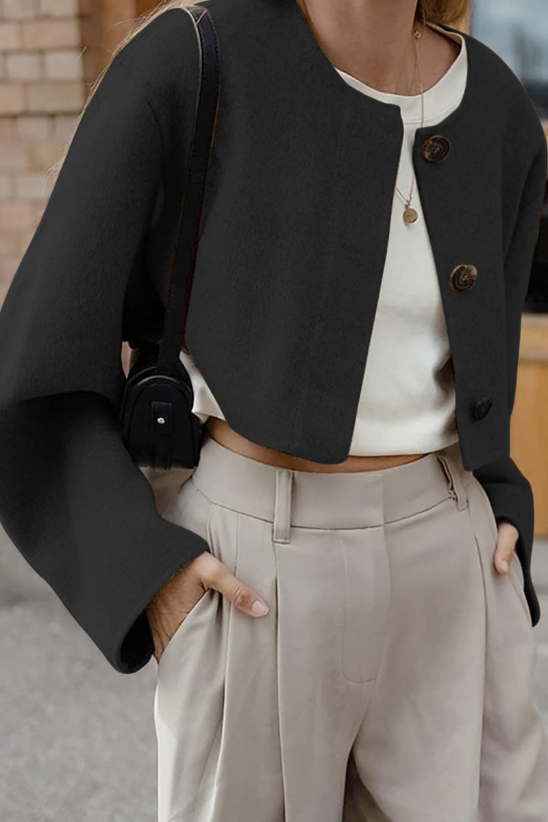 Chouyatou Women Cropped Wool Blend Pea Coat Short Jacket Peacoat Long Sleeve Button Down Crop Jacket