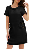 Chouyatou Women's Short Sleeve Crew Neck Tweed Dress A-line Button Part Elegant Mini Dresses