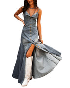 Chouyatou Women's Spaghetti Strap Smocked Back Denim Dress Button Down A-Line Swing Flowy Maxi Jean Dress